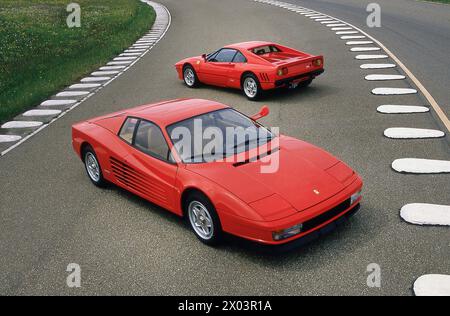 1985 Ferrari 288 GTO & Ferrari Testarossa at Fiorano test track Maranello Italy Stock Photo