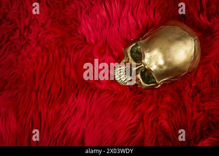 A golden skull lying on a fluffy cushion of red fur Stock Photo