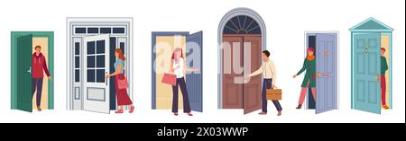 To Come In Vector people come in and out of doors scene set Stock Vector Image ...