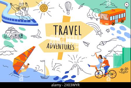 People in trip. Travel adventure. Summer tourism. Tourists train. Family in car or bus. Vacation traffic in nature. Woman and man ride on bikes. Sea windsurfing. Beach relax. Vector banner line design Stock Vector