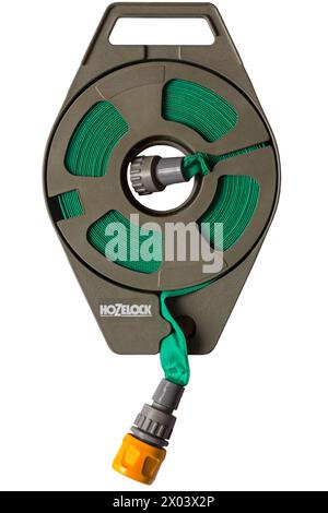 Hozelock hose hosepipe on reel isolated on white background Stock Photo