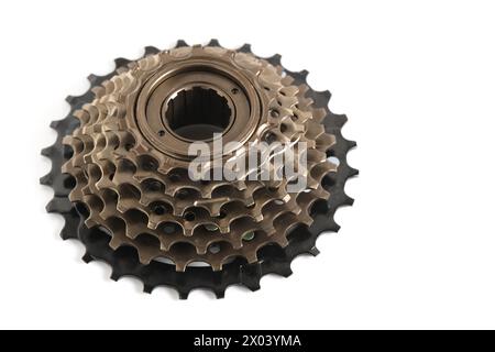 Bicycle chain speed star for changing gears in closeup. Bicycle gear isolated on white background. Closeup image Stock Photo