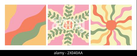 Groovy retro backgrounds. Sun with rays, flower and waves. Hippie 60s, 70s style. Vector illustration Stock Vector