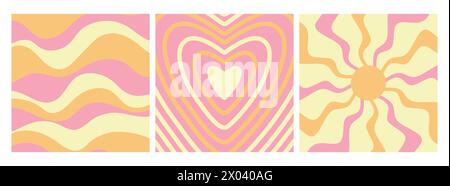 Groovy retro backgrounds. Sun with rays, heart and waves. Hippie 60s, 70s style. Vector illustration Stock Vector