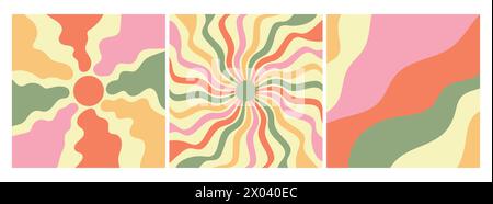 Groovy retro backgrounds. Sunburst, flower and waves. Hippie 60s, 70s style. Vector illustration Stock Vector