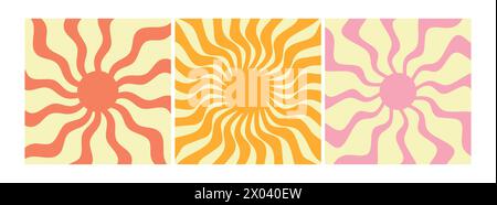 Groovy retro sunburst set. Groovy sun with twisted and distorted rays. Hippie 60s, 70s style. Vector illustration Stock Vector