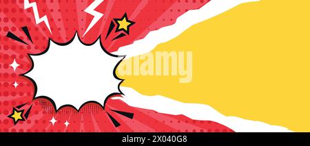 Pop art bright banner with speech bubble cloud and torn paper. Comic background with dots, stripes, stars and lightning. Vector illustration Stock Vector