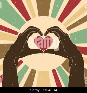 Vintage retro style background with hands making heart gesture. Heart sign. Grunge texture. Vector illustration Stock Vector