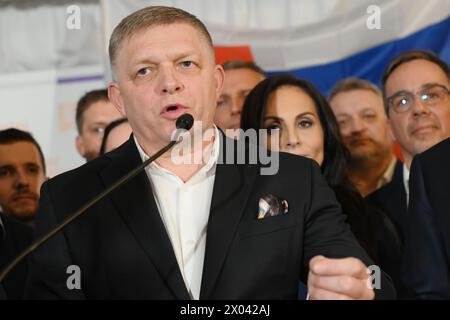 Bratislava, Slovakia. 7th Apr, 2024. Slovak prime minister Robert Fico speaks to the journalists at the campaign headquarter of Peter Pellegrini in Bratislava. Peter Pellegrini, won the presidential elections, outpacing former Slovak foreign minister Ivan Korcok. (Credit Image: © Tomas Tkacik/SOPA Images via ZUMA Press Wire) EDITORIAL USAGE ONLY! Not for Commercial USAGE! Stock Photo