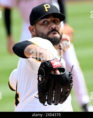 Pittsburgh, United States. 09th Apr, 2024. Pittsburgh Pirates pitcher Martín Pérez (54) starts against the Detroit Tigers at PNC Park on Tuesday April 9, 2024 in Pittsburgh. Photo by Archie Carpenter/UPI Credit: UPI/Alamy Live News Stock Photo