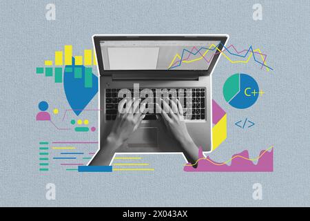 Composite photo collage of hands type macbook keyboard screen interface settings statistics chart graph isolated on painted background Stock Photo