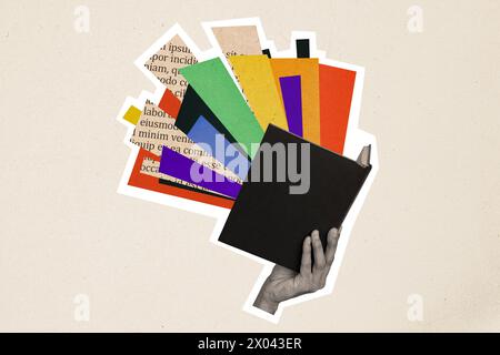 Composite trend artwork sketch image 3d photo collage of huge black white silhouette hand hold book immerse yourself in new world fantasy imagination Stock Photo