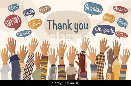 Hand raised of multicultural people from different nations and continents with speech bubbles with text -thank you- in various international languages Stock Vector