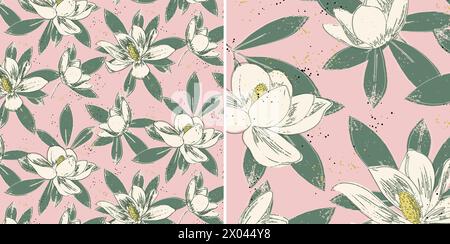 Seamless pattern of withe magnolia flowers and green leaves on pink background in two sizes. Customizable colors Stock Vector