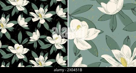 Seamless pattern of withe magnolia flowers and green leaves on black and green background in two sizes. Customizable colors Stock Vector