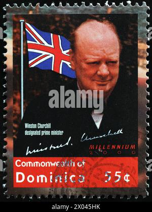 Winston Churchill and his signature on postage stamp Stock Photo