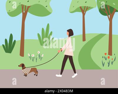 Cute girl walking with dog dachshund in overalls in spring city park or forest. Fall soothing outdoors landscape: trees, leaves, bushes and flowers Stock Vector