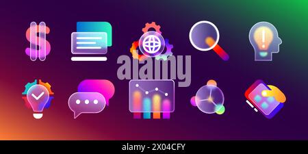 Glassmorphism matte ui icon set with blurred neon gradient for mobile app design. Transparent frosted glass morphism icons of business strategy, chart, web settings, money sign and search magnifier. Stock Vector