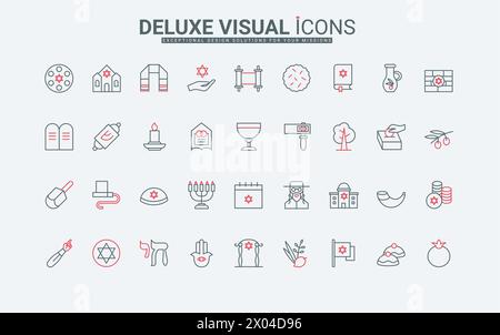 Judaism religion line icons set. Jewish holidays and religious items for Jew prayer and Rabbi, synagogue and Star of David, Torah and hamsa with eye thin black and red symbols vector illustration Stock Vector