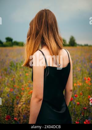Beautiful young girl in black evening gown, standing back, posing against poppy field on cloudy summer day. Portrait of female model outdoors, rear. Stock Photo