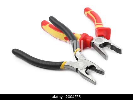 Different pliers isolated on white. Construction tool Stock Photo
