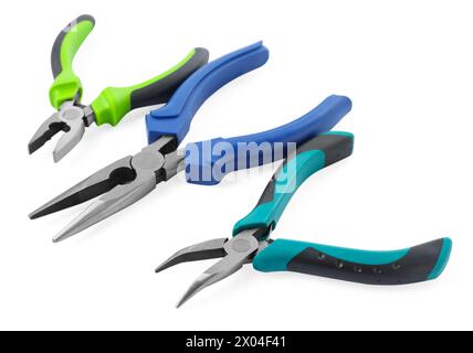 Different pliers isolated on white. Construction tool Stock Photo