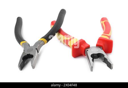 Different pliers isolated on white. Construction tool Stock Photo