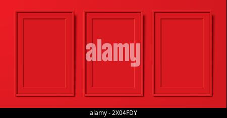 3 red blank poster frames hanging on the wall background. Poster gallery vector mockup for art, image, or text placement. Stock Vector