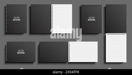 Vector set of notepads with black covers in vertical and horizontal layout orientations with lined pages. Stock Vector