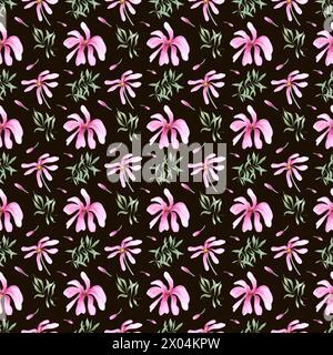 Abstract pink flowers and greenery. Seamless pattern of spring plants. Green leaves and magnolia flowers. Watercolor illustration Stock Photo