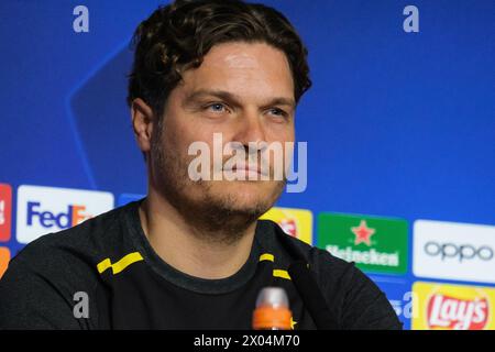 Head Coach Edin Terzic of Borussia Dortmund at the press conference after arrival to Madrid for their UEFA Champions League quarter final against Atle Stock Photo