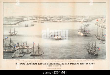 The naval engagement between the Merrimac and the Monitor at Hampton Roads on the 9th of March 1862 Stock Photo