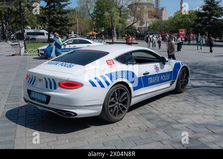 ISTANBUL, TURKEY - APRIL 7, 2024: Bentley Luxury Police Car parked in Sultanahmet square. Bentley seized from Turkish criminal organizations became po Stock Photo