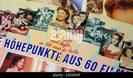 Viersen, Germany - March 9. 2024: Closeup of magazine page with german actress Romy Schneider filmography cinema movie covers from 50s and 60s Stock Photo