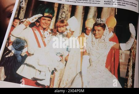 Viersen, Germany - March 9. 2024: Closeup of magazine page with scene from austrian Sissi Movie from 50s with Romy Schneider and Karl Heinz Böhm Stock Photo