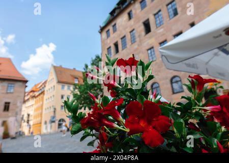 Nuremberg, Germany - July 19, 2023: Beautiful well-groomed streets of old town. View of historical center of Nuremberg, Franconia, Bavaria Stock Photo