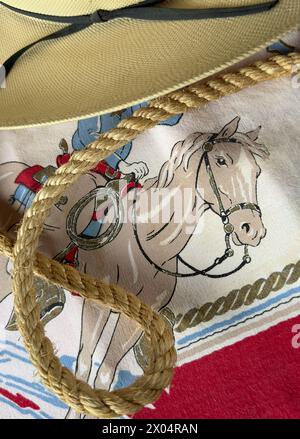 Child's cowboy riding horse image is surrounded by rope & a straw western hat. Pony has reins , rider & background of  fabric. Text space on hat. Stock Photo