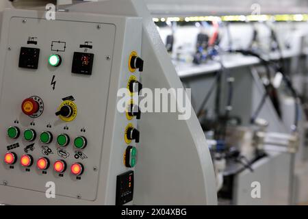 Control panel of automated edge banding machine. Selective focus. Stock Photo
