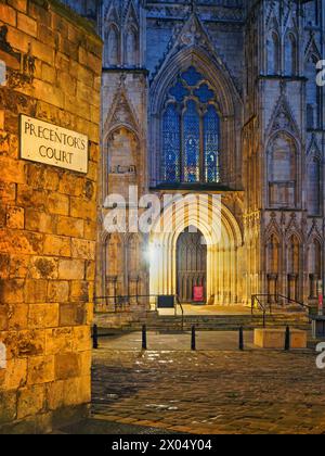 UK, North Yorkshire, York, Precentor's Court and York Minster at Night. Stock Photo