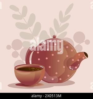 Brown tea set clipart. Dark polka dot teapot and brown cup on a plate vector illustration design. Black tea in ceramic cup. Vector symbol of teapot Stock Vector