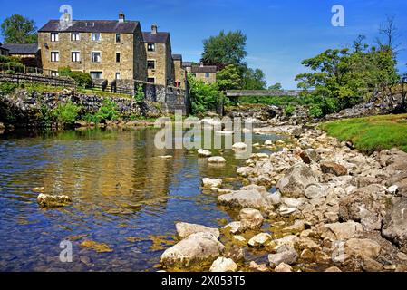 UK, North Yorkshire, Grassington, River Wharfe at Linton Falls. Stock Photo