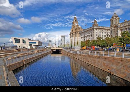 UK, Liverpool, Liverpool Canal Link and The Three Graces. Stock Photo
