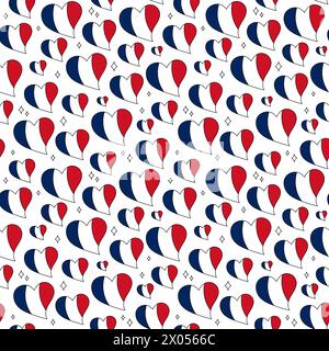 Love France pattern. Vector seamless background. Cute hand drawn outline French flags heart shaped Stock Vector