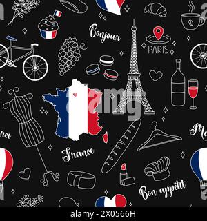 France pattern. Vector seamless background. Cute hand drawn outline French doodle symbols on black backdrop. Eiffel Tower, country map, flag Stock Vector