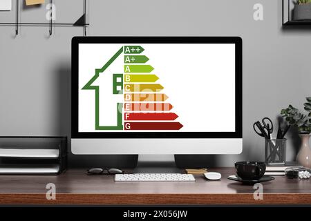 Energy efficiency rating on display. Workplace with modern computer Stock Photo