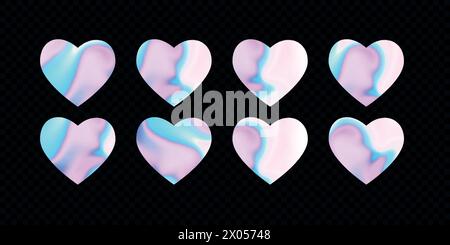 Set of wavy hologram hearts in y2k style. Stock Vector