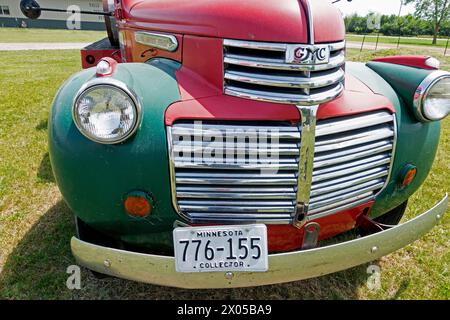 Front grill of a vintage GMC flatbed truck circa 1946. Used for transporting beer kegs for the ABC Brewing Company. Battle Lake Minnesota MN USA Stock Photo