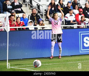 Columbus, Ohio United States. 9th April, 2024.  Japan midfielder Yui Hasegawa (14) takes the corner kick against Brazil in their match in Columbus, Ohio, USA. Credit: Brent Clark/Alamy Live News Stock Photo
