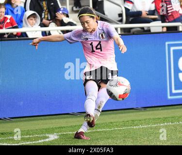 Columbus, Ohio United States. 9th April, 2024. Japan midfielder Yui Hasegawa (14) takes the corner kick against Brazil in their match in Columbus, Ohio, USA. Credit: Brent Clark/Alamy Live News Stock Photo