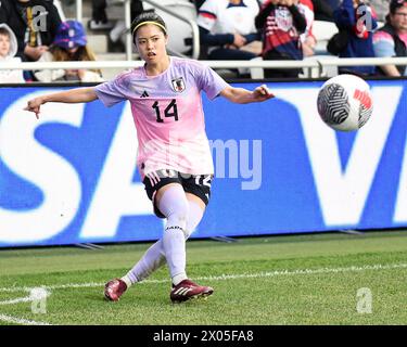 Columbus, Ohio United States. 9th April, 2024. Japan midfielder Yui Hasegawa (14) takes the corner kick against Brazil in their match in Columbus, Ohio, USA. Credit: Brent Clark/Alamy Live News Stock Photo